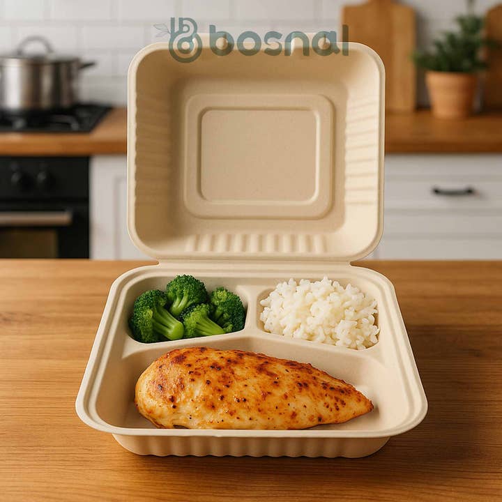 Bosnal -Bagasse Clamshell Square Boxes, 9 inch 3-Compartment for wholesale by Bosnal