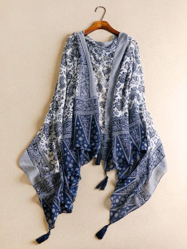 Printed Blue-And-White Sun-Protection Tasseled Shawl&Scarf for wholesale by VividLux