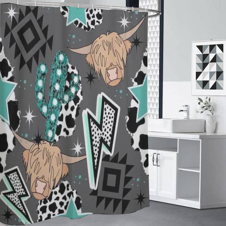 Dark Grey Highland Turquoise Shower Curtain for wholesale by The Sassy Heifer