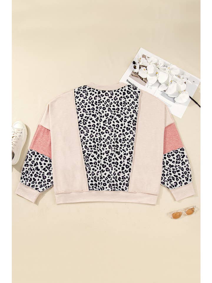 Gray Plus Size Leopard Colorblock Patchwork Reverse Stitch Top for wholesale on Faire1