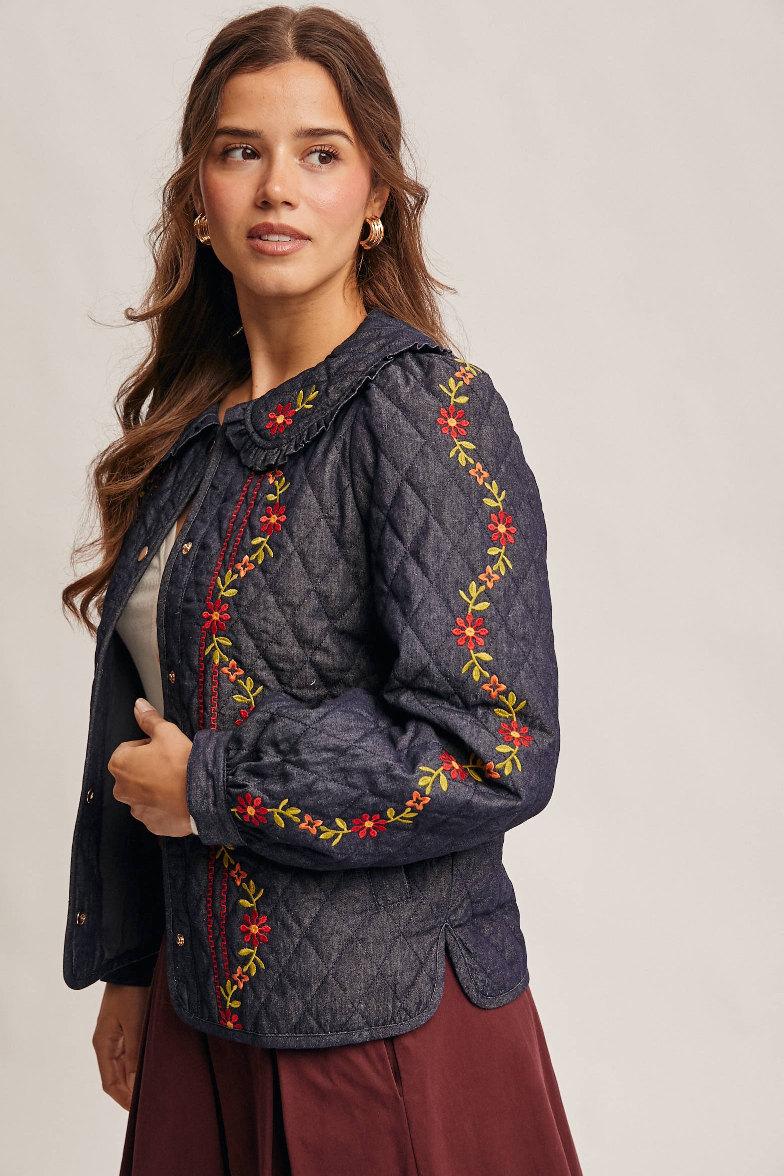 Midnat Indigo Broderet quiltet denimjakke FJ0008 for engroshandel på Faire9