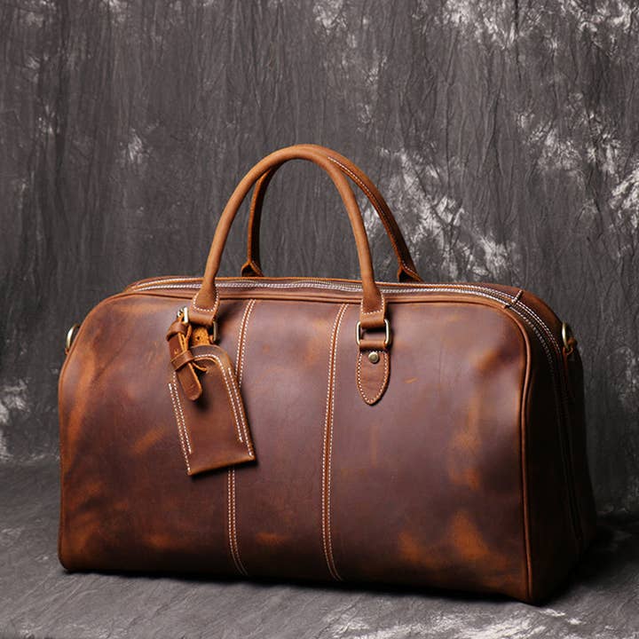 Full Grain Leather Duffle Bag Retro Leather Weekender Bag Handmade Large Carry On Bag For Mens for wholesale by RockCow Leather Studio
