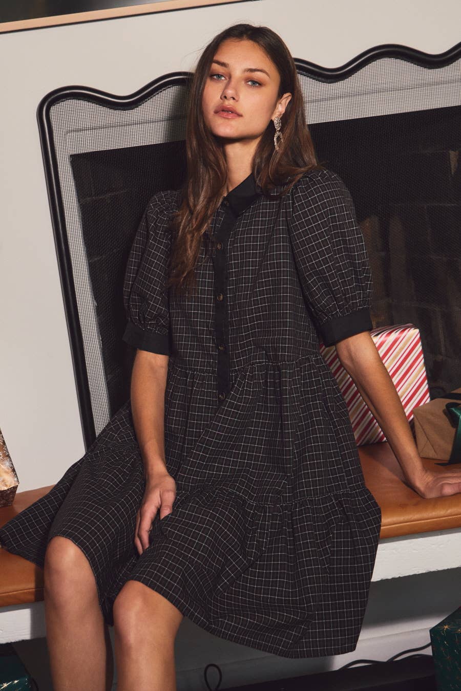 Oddi - Vente Robe – femme - Robe babydoll à carreaux avec boutons devant2