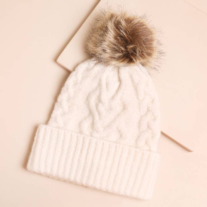 Lisa Angel – wholesale Beanie – Women's – Cream Cable Knit Bobble Hat