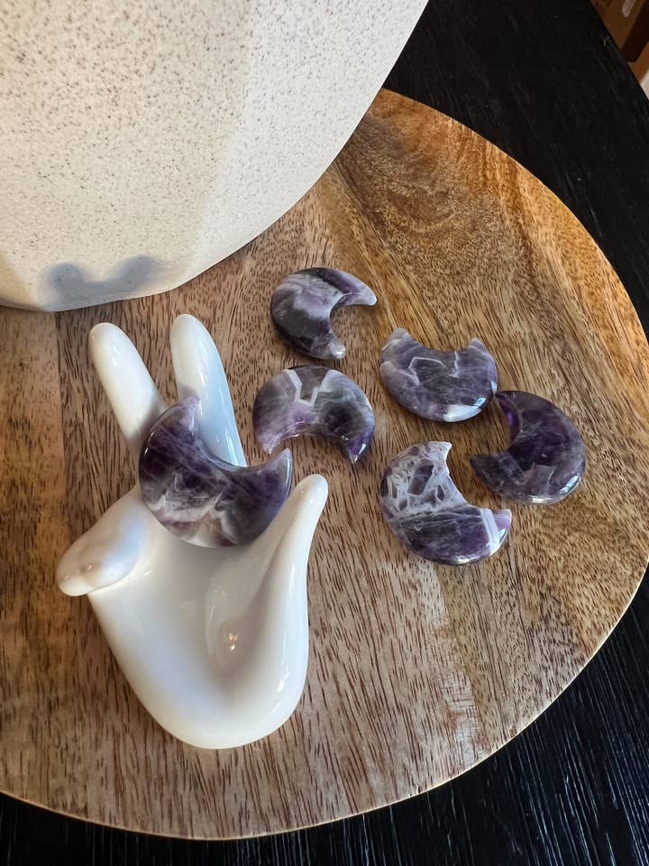 Mini Moon Shaped Palm Stone - Chevron Amethyst for wholesale by Sacred Sunday