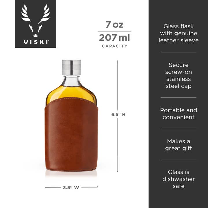 Viski - Wholesale Flask - Admiral™ Vintage Style Parker LeatherWrapped Glass Flask6