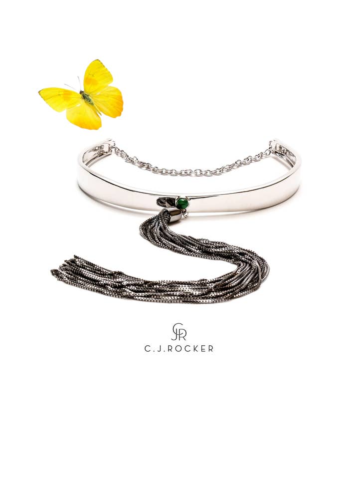 Ras de cou à pampilles en métal Jade Stone | Argent rhodié pour la vente par C.J.ROCKER