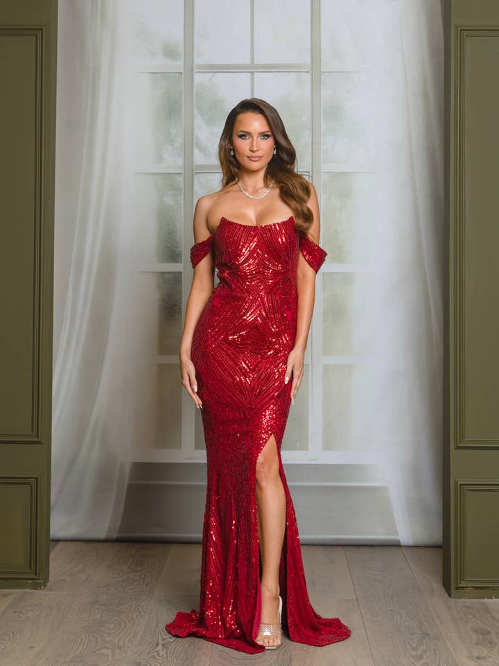 9581P3-SCHULTERFREIES KORSETT-PAILLETTEN-MAXIKLEID MIT SCHLITZ für den Großhandel von RICARICA INC.