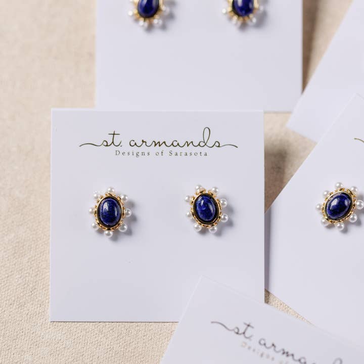 St Armands Designs of Sarasota - Wholesale Stud/Post Earrings - Blue Lapis and Pearl Oval Stud Earrings