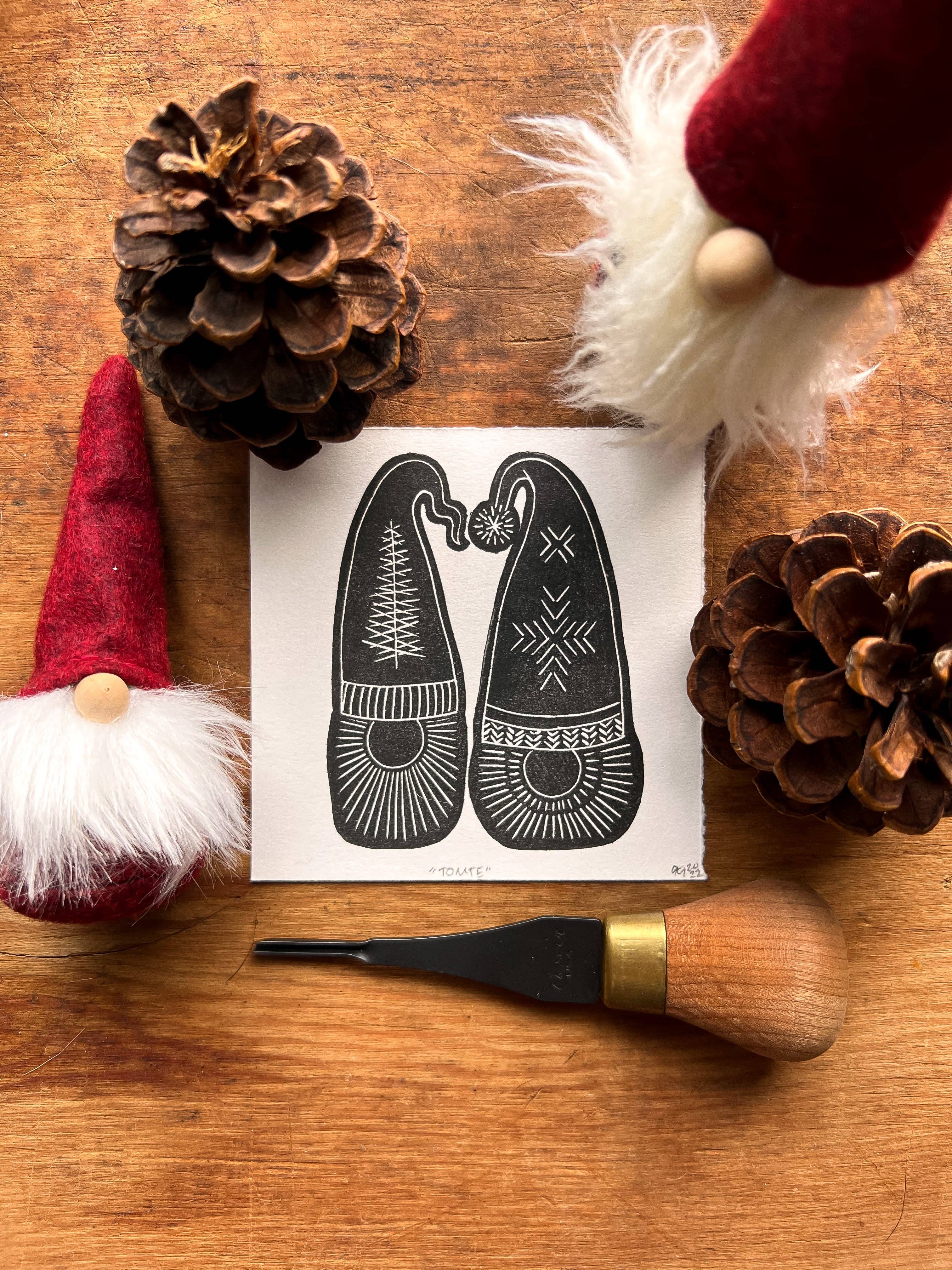 Amy Teawalt Studio - Wholesale Christmas Wall Art - “Tomte” Studio Sampler Linocut Print 4x4" | Hand Printed Black and White Block Print2