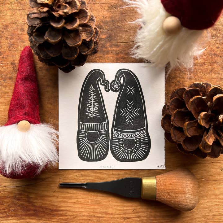 Amy Teawalt Studio - Wholesale Christmas Wall Art - “Tomte” Studio Sampler Linocut Print 4x4" | Hand Printed Black and White Block Print2