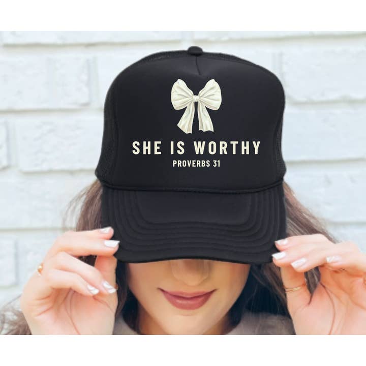 She Is Worthy Coquette Bow Trucker Hat Faith Christian for wholesale by Gia Gifts Boutique