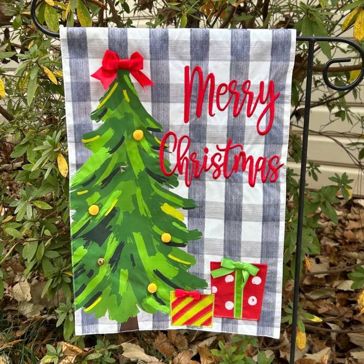 Drapeau de jardin recto-verso "Arbre à carreaux Buffalo Joyeux Noël & Lumineux" 12,5x18" pour la vente par JEC Home Goods Inc