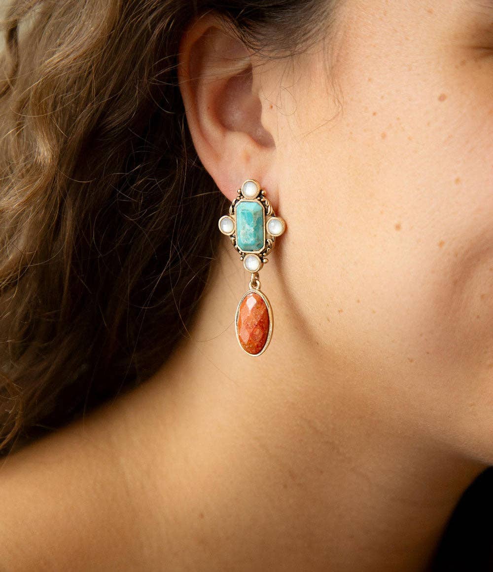 Barse Jewelry – wholesale Dangle earrings – Champs Blue Turquoise and Orange Coral Post Drop Golden Earrings4