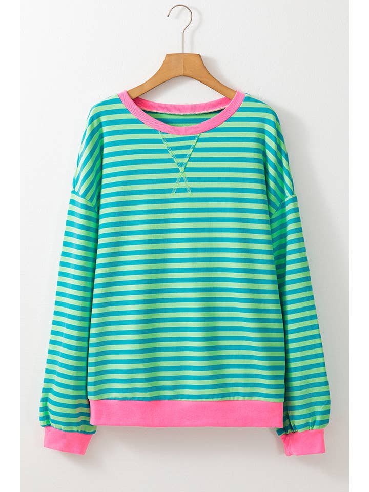 Amaryllis Apparel - Wholesale Sweatshirt - Women's - Stripe Oversized Contrast Trim Pullover Sweatshirt45
