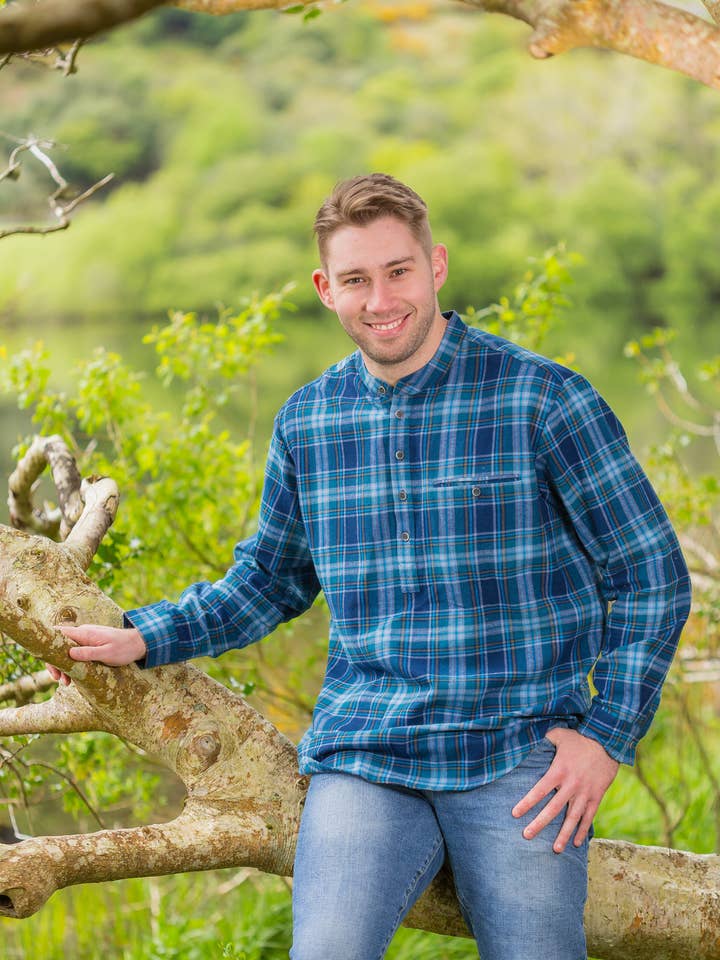 Grandfather Shirt Flannel Blue Navy Tartan (LV8) for wholesale by Lee Valley Ireland