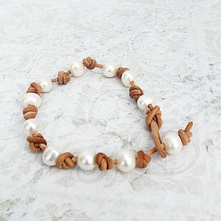 Knotted Tan Leather White Pearl Bracelet for wholesale by The Rustic Boho Chic