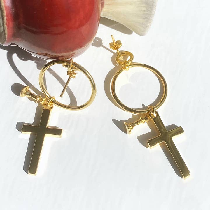 Cross + Queen Hoop Earring - Rose Gold for wholesale by Bella Mayford