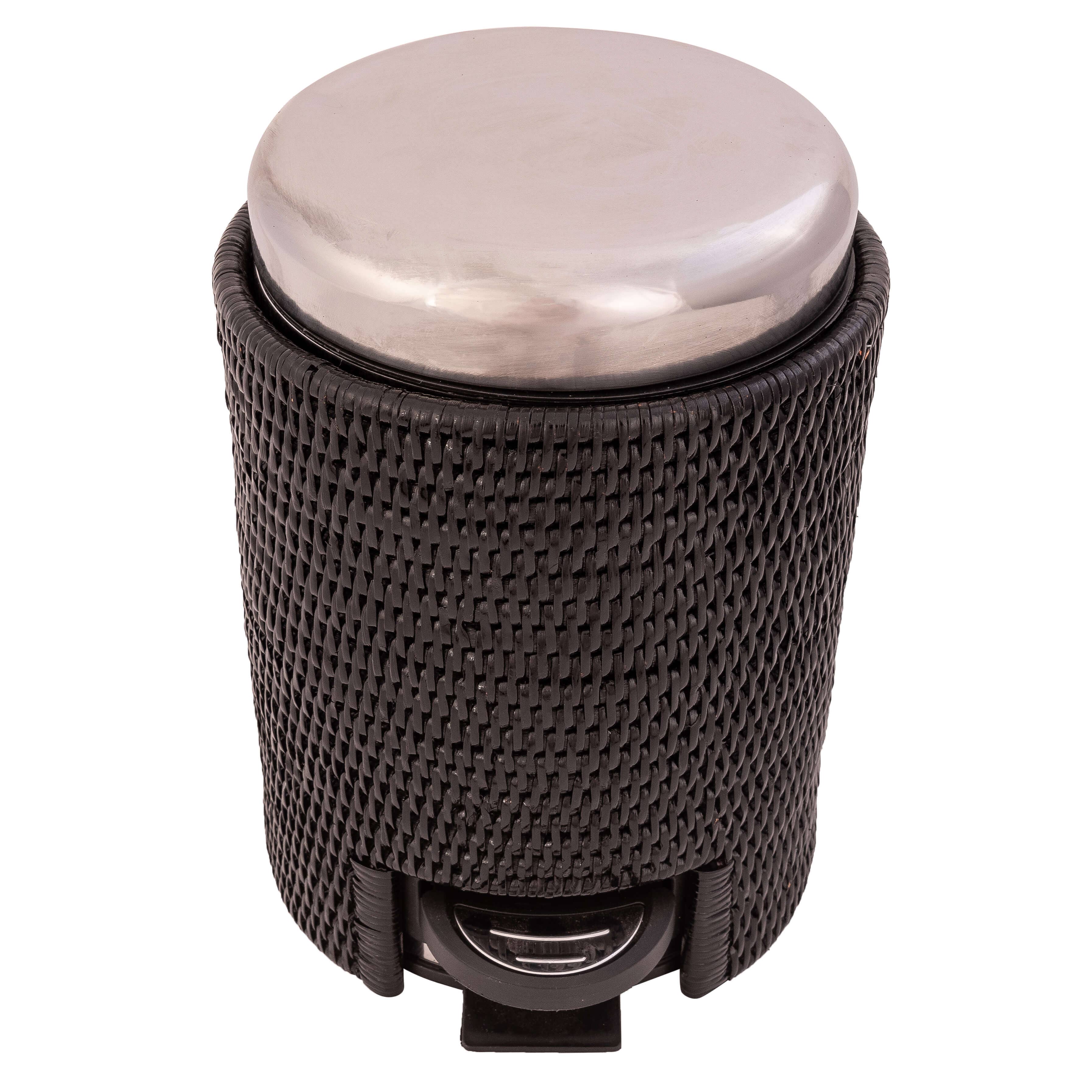 Tudor Black Rattan Round Waste Basket with Stainless Steel Lid for wholesale on Faire1