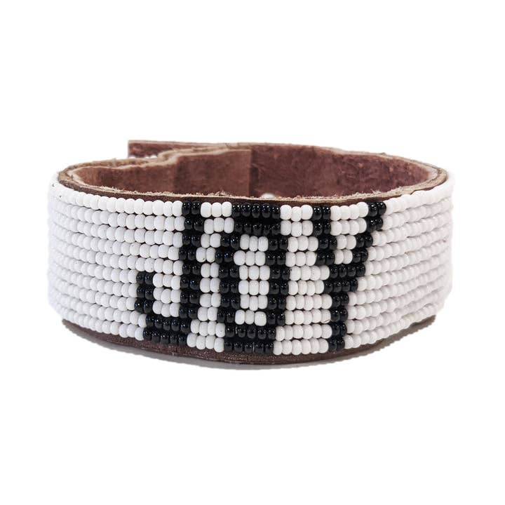 Medium Joy Beaded Leather Cuff - White - Affirmations for wholesale by Swahili Coast