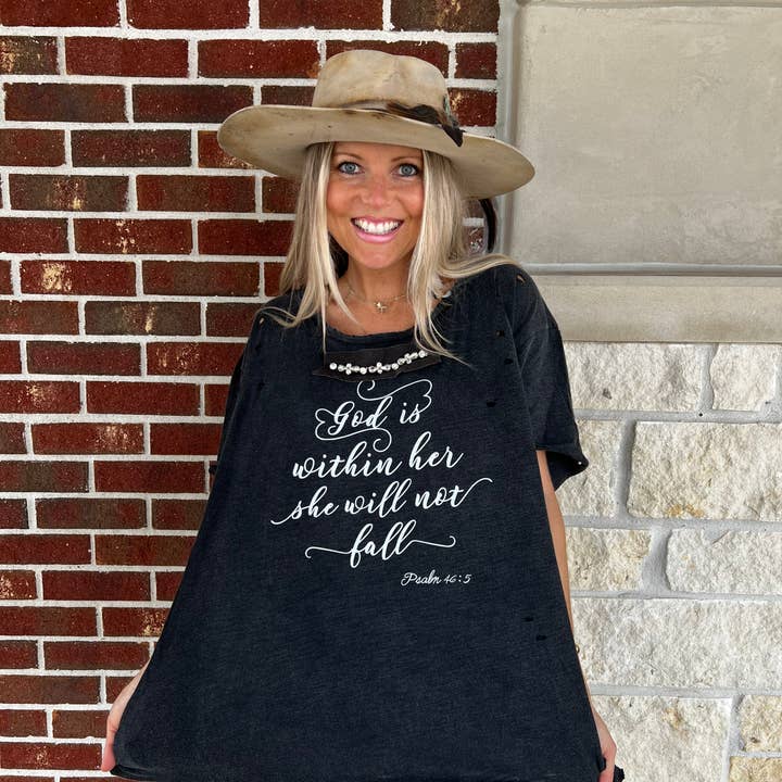 A Rare Bird Shop - Wholesale Screen Printed T-Shirt - Women's - "God is within Her" Distressed Shirt