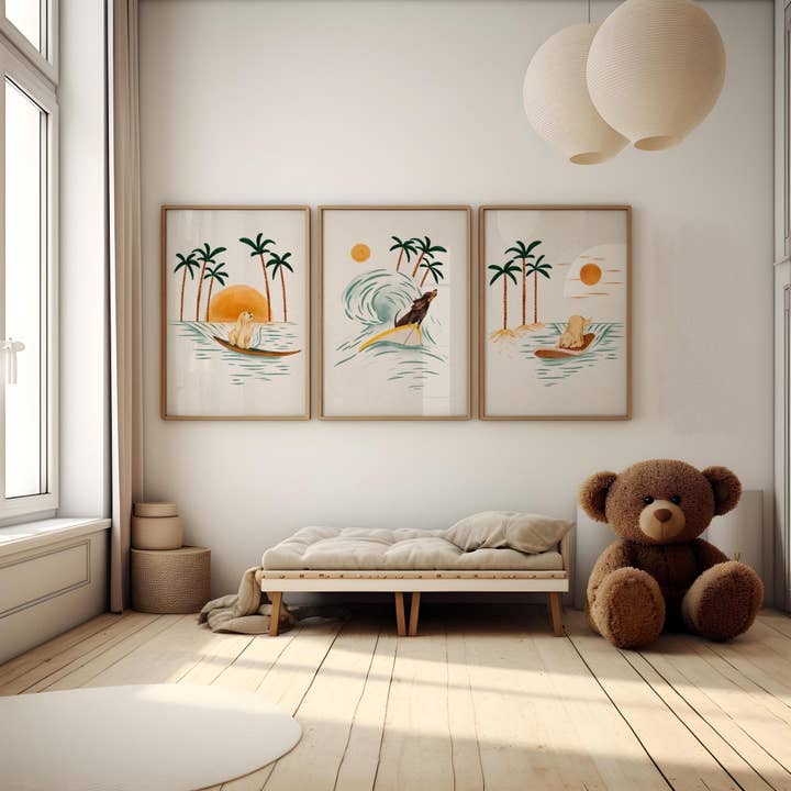 Set med 3 surfande hundtryck – Väggkonst för kustnära barnrum för wholesale av Urchin Bay