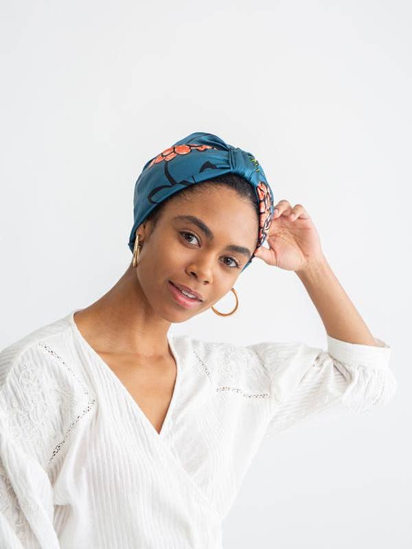 All Silk Turban - Blue Peach Floral for wholesale by Grace Eleyae Inc.