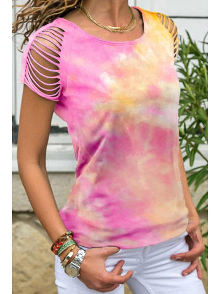 Suzie Q USA - Wholesale Knit Top - Women's - Tie Dye Slit Cutout Fashion Short Sleeve Top2
