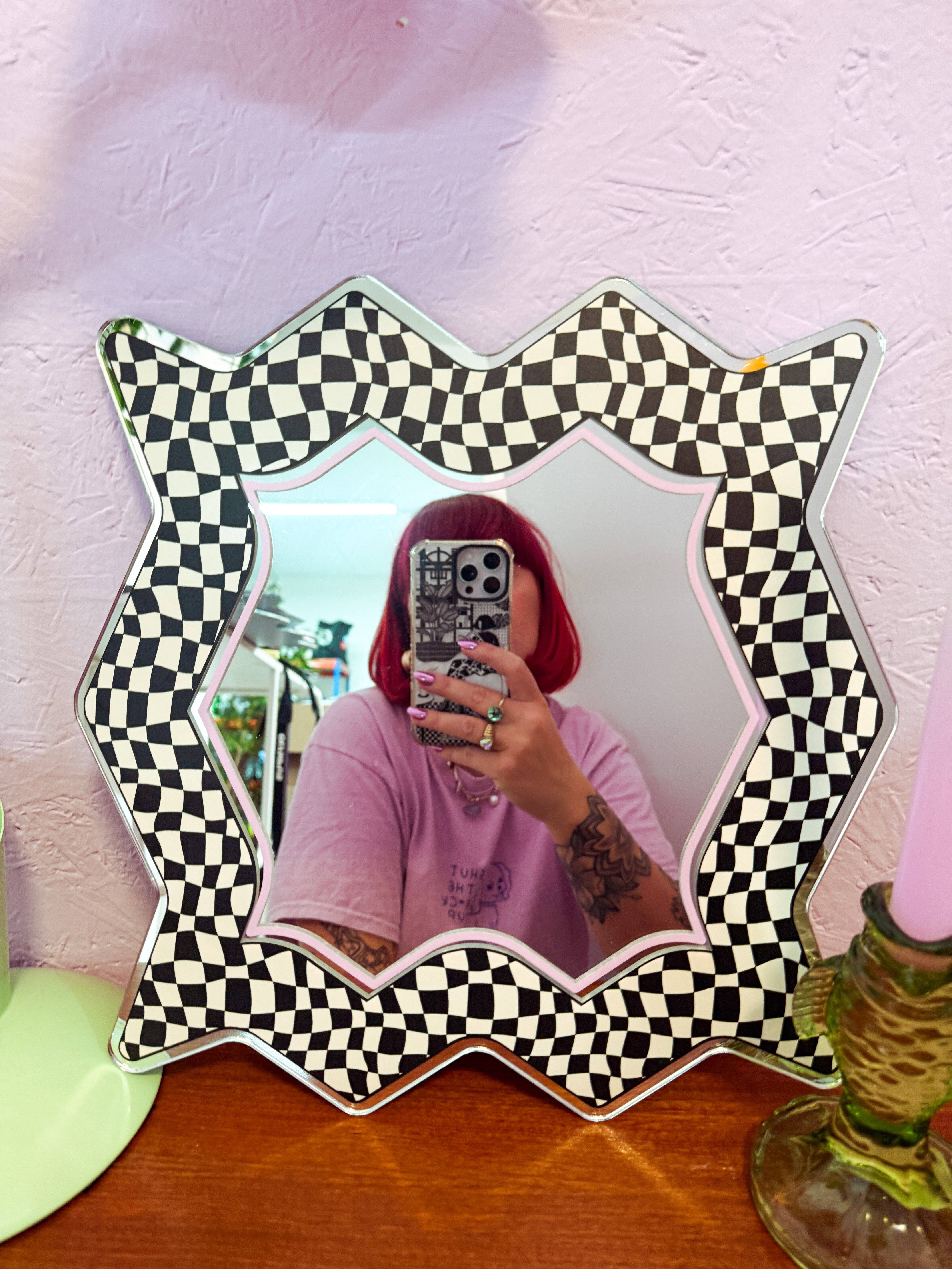 Printed Weird – wholesale Wall mirror – Spikey Checkerboard Mirror - Black/Cream/Pink1