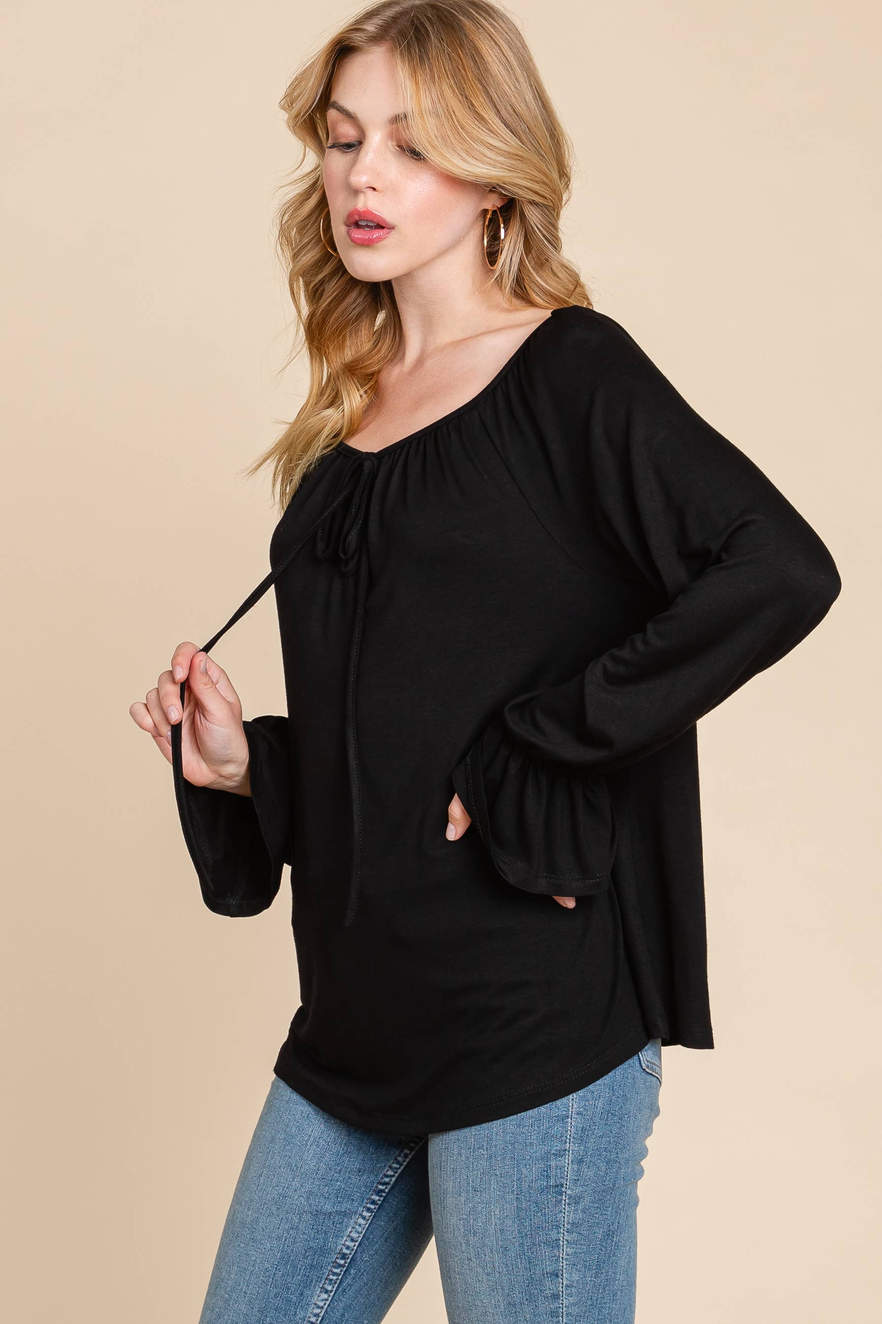 Schwarz ETK-9305 Solides Modeoberteil mit langen Ärmeln für den Großhandel auf Faire4