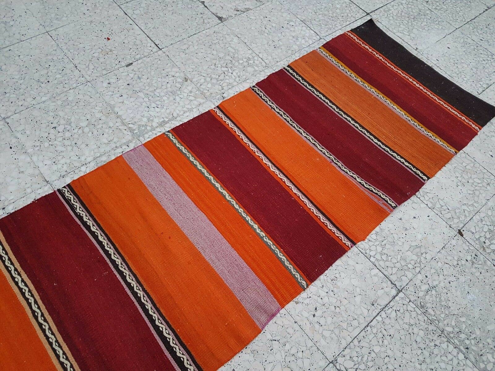 Vintage Pillows Store - Wholesale Lang vloerkleed/vloerloper - 9 voet keukenloper, oranje handgeweven kelim vloerkleed Runner6