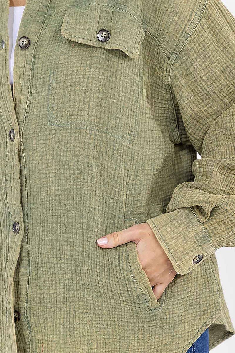 ROUSSEAU - Wholesale Button Down Shirt - Women's - BUTTON UP FRONT POCKETS WASHED OVERSIZED SHIRT14