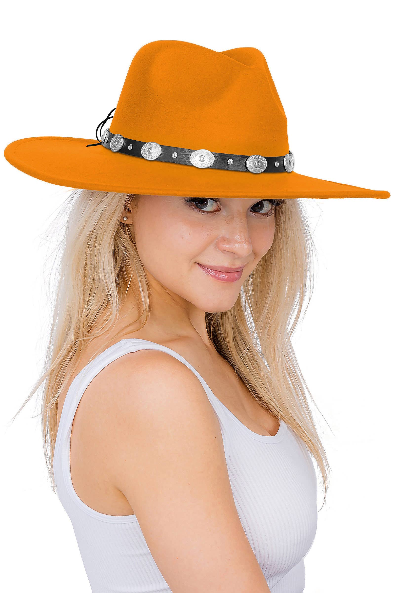 Cap Zone – wholesale Fedora – Women’s – Concho Belt Wide Flat Brim Felt Rancher Hat1