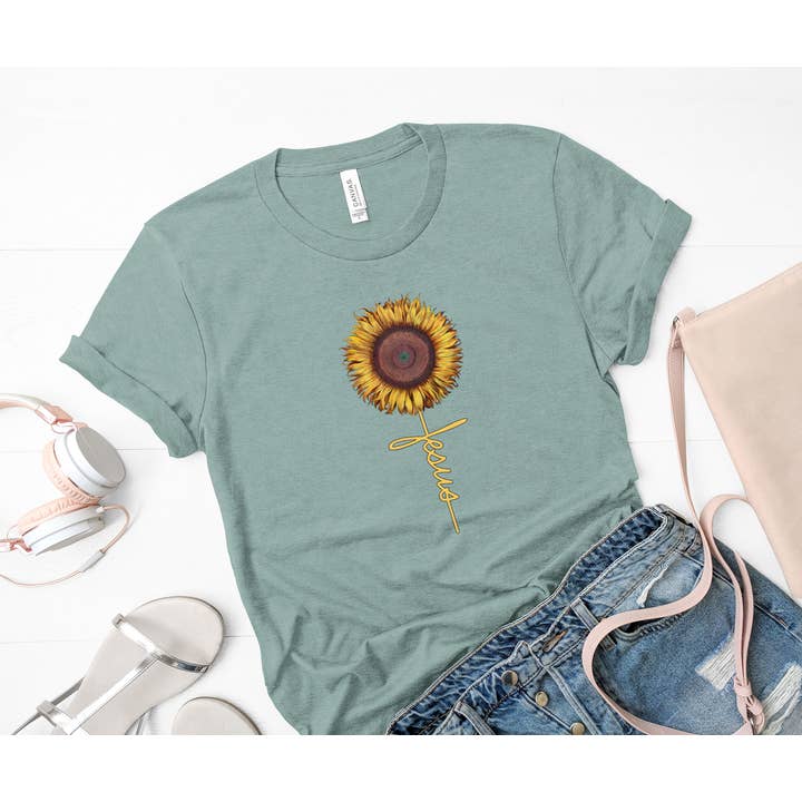 Yellow Ink With Black Outline Jesus Sunflower T-Shirt for wholesale by Hot Mess Apparel