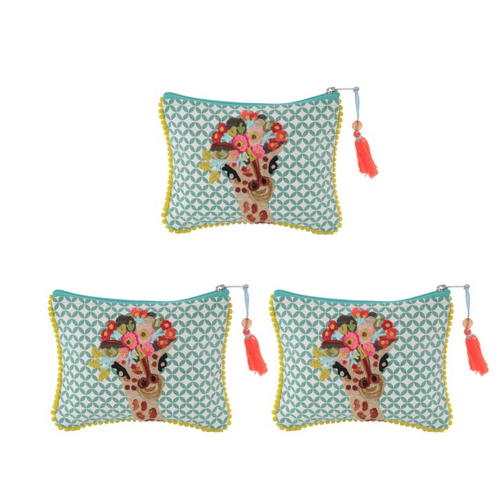 3MXPC384_GRYL - Set/3 GENUS GIRAFFE POUCH 6x8" for wholesale by Karma Living