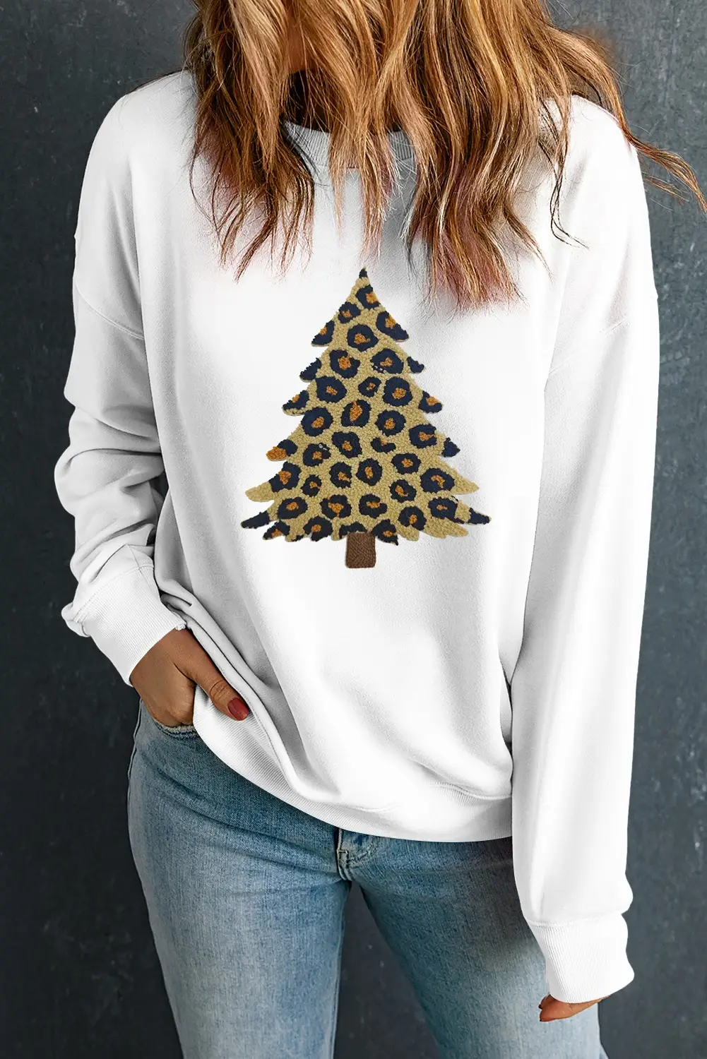 White Plush Leopard Tree Patched Drop Shoulder Sweatshirt for wholesale on Faire2