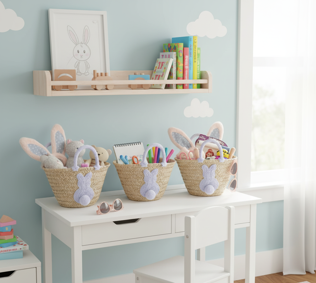 High crafty – wholesale Basket – Kids & baby – Easter Bunny Tail Straw Basket – Handmade Natural Palm Leaf 5