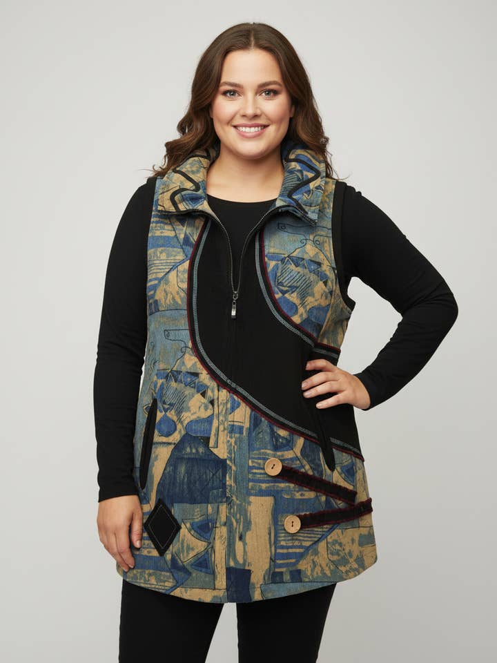 Colete sem mangas de veludo cotelê azul tamanho grande (A705) por atacado de Pomme Rouge Paris