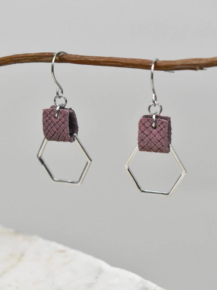 Leather Strap W/ Silver Hexagon Mini Earring for wholesale by Oak Creek Collection Handmade