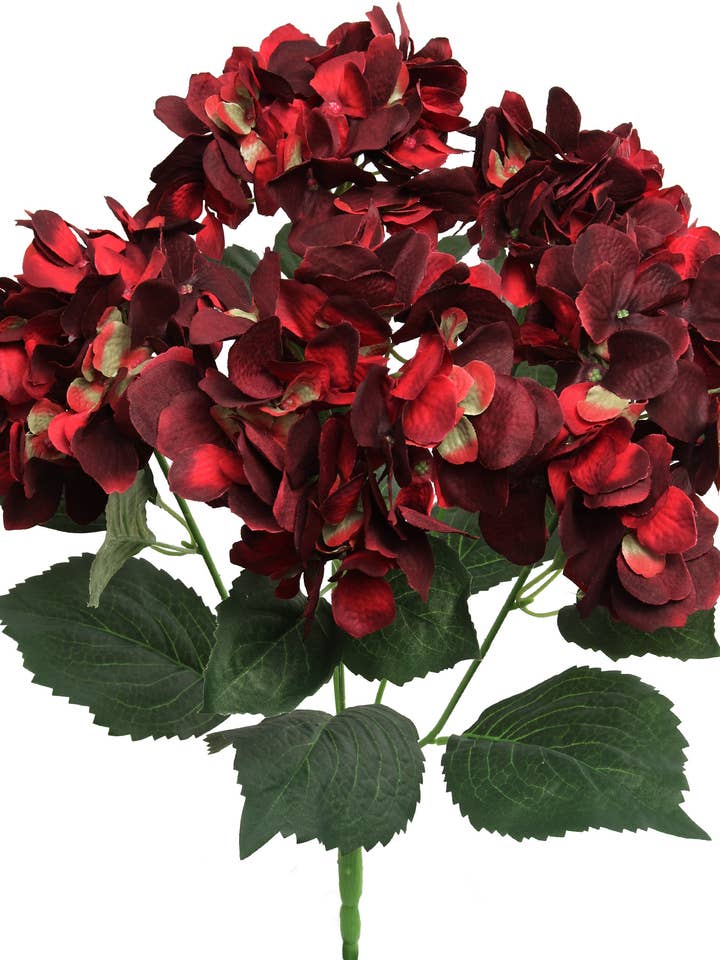 Arbusto Artificial de Hortênsia Borgonha de 21" com 5 Cabeças de Flor por atacado de Larksilk