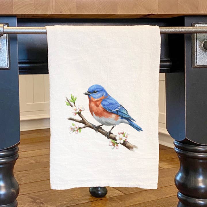 Eastern Bluebird on Branch - Oil Paint - Cotton Tea Towel for wholesale by North & Pine