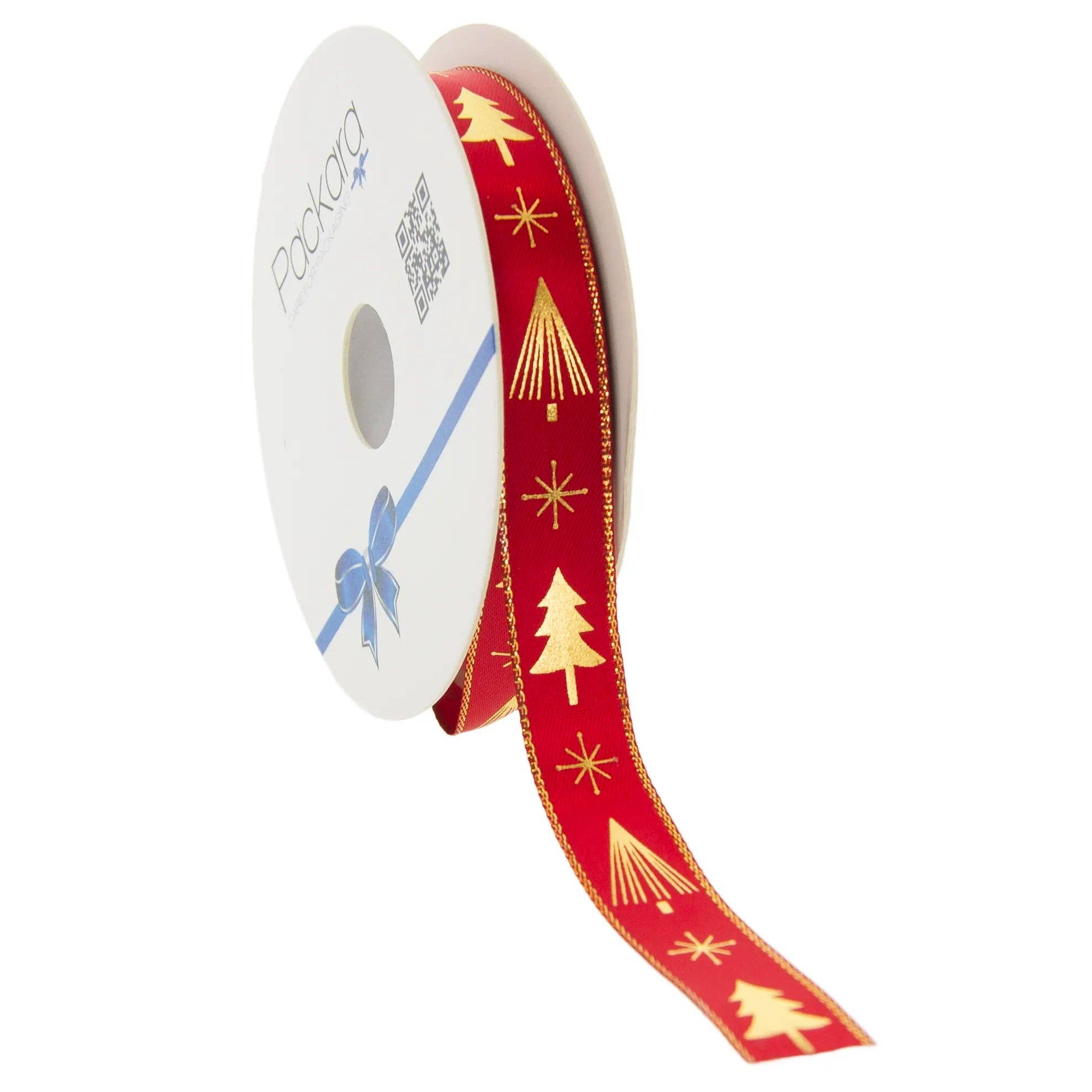 kadopapier.net – fita para embrulhar presentes por atacado – Fita de Natal Cetim 'Christmas Tree' – Vermelho com Árvores de Natal Douradas – Borda Tecido – 15mm x 20m0