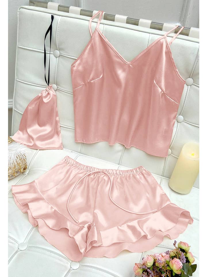 Anna Kaci Wholesale - Wholesale Lounge Set - Women's - Satin Tank and Ruffle Hem Shorts21