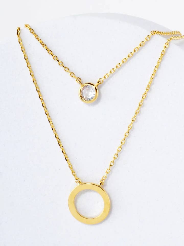 3mm CZ Circle Pendant 18K-Gold-Dipped Layered Necklace for wholesale by Wild Honey
