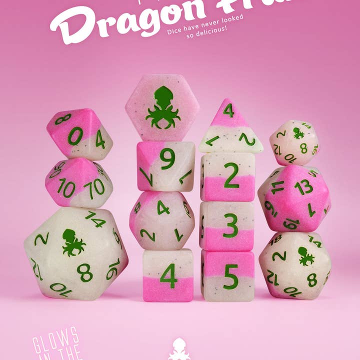Pink Dragon Fruit Glow in the Dark 14pc Dice Set inked in Green for wholesale by Kraken Dice