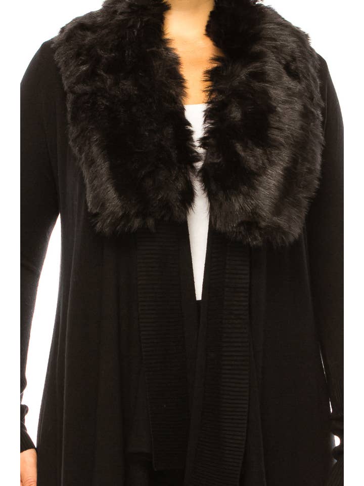 BLACK Sioni Faux-Fur Collar Long-Sleeve Cardigan Sweater for wholesale on Faire4