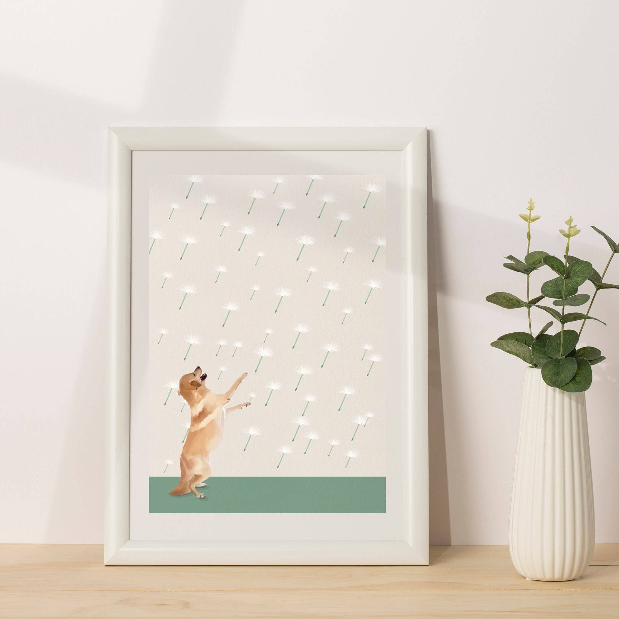 Pawssionate Art - Wholesale Art Print - Yellow Labrador Art Print with Dandelions, Happy Dancing Dog2