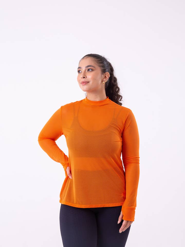 Oranje mesh-shirt met lange mouwen voor wholesale door Cloud9ine Activewear