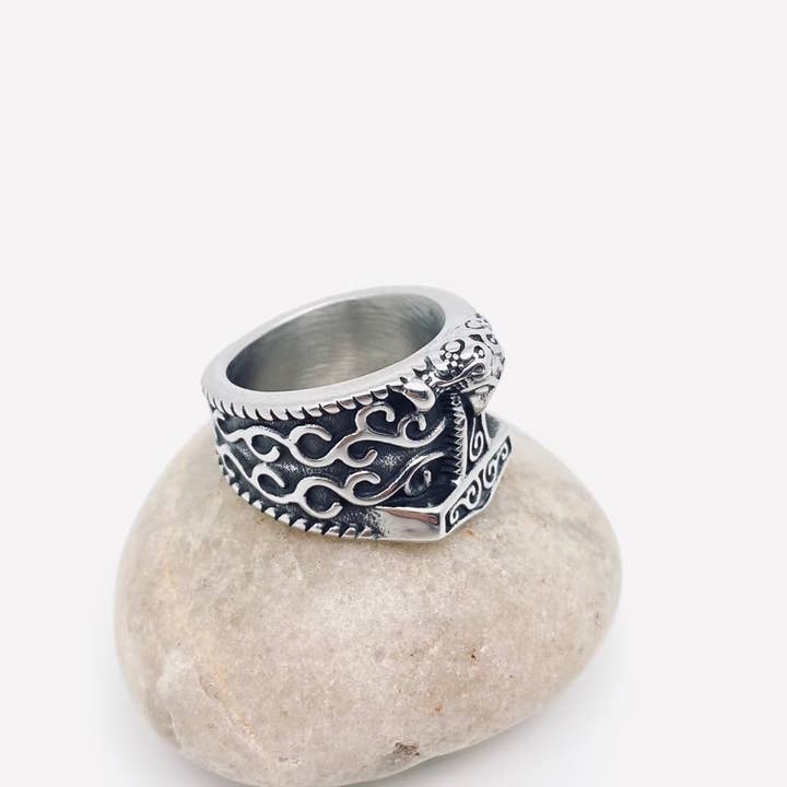 Mio Queena - Wholesale Signet Ring - Viking Crow Thor's Hammer Men's Stainless Steel Ring - MJ/MR2