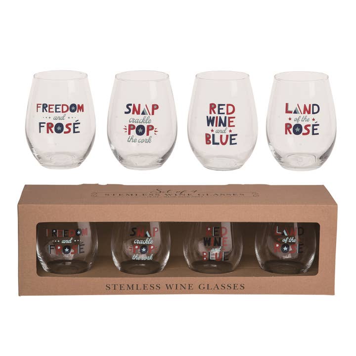 CLOSEOUT 4th of July Patriotic Stemless Wine Glasses Set for wholesale by Transpac